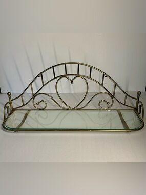 Vintage Brass Style Heart Metal Wall Display Shelf with Glass Tray
